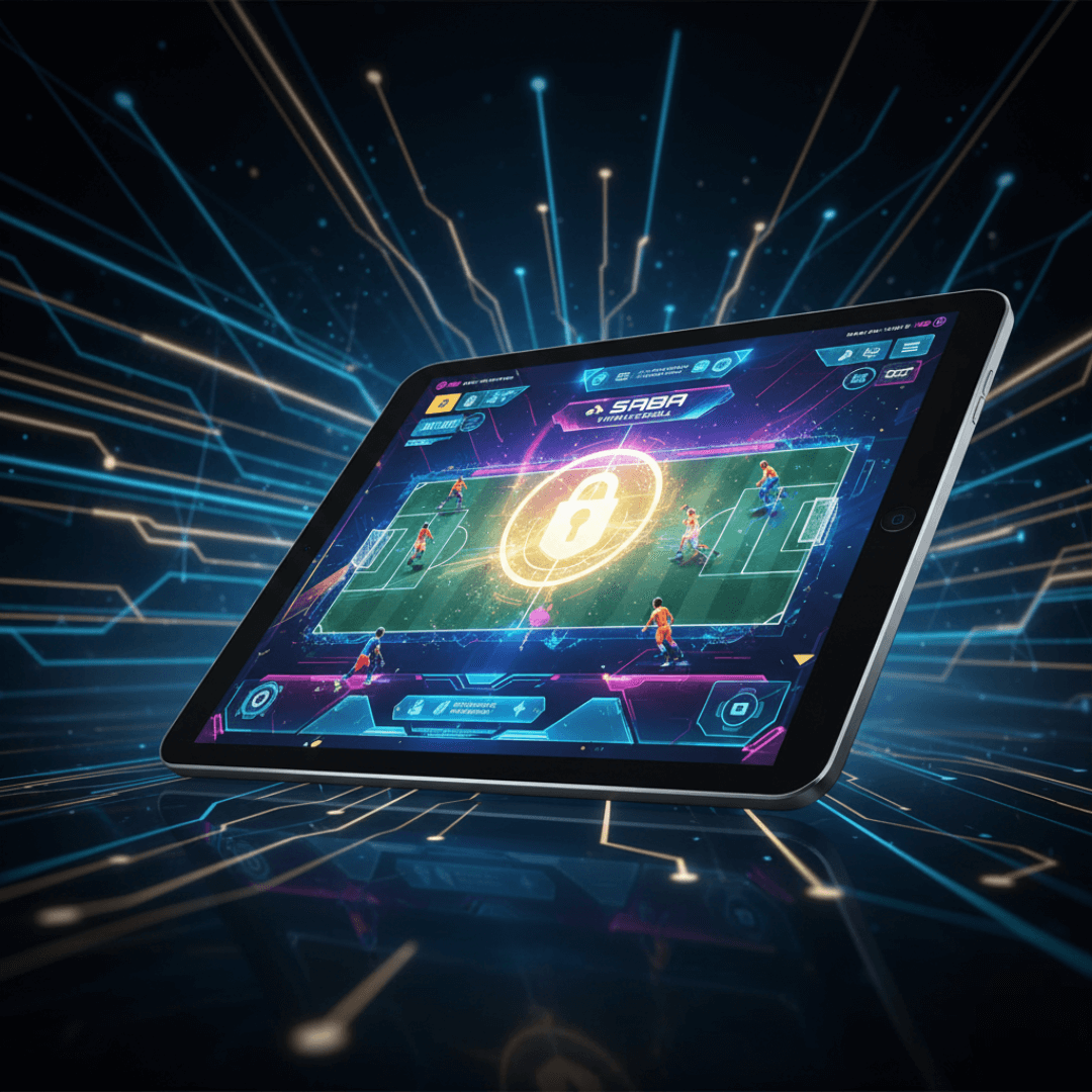 Tablet menampilkan game virtual Saba dengan ikon kunci digital yang melambangkan link alternatif aman.