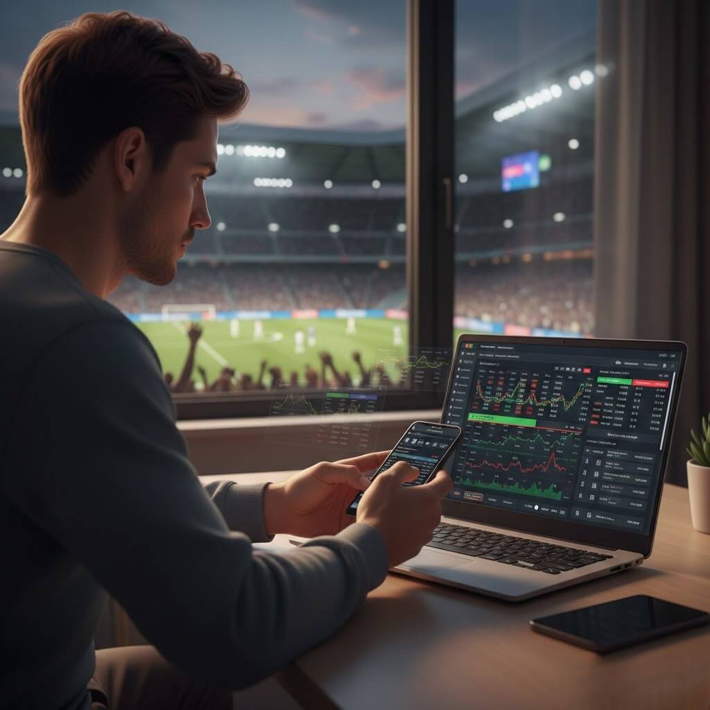 Pemain menganalisa taruhan parlay di Hokiku88 menggunakan laptop dan smartphone untuk peluang menang lebih tinggi