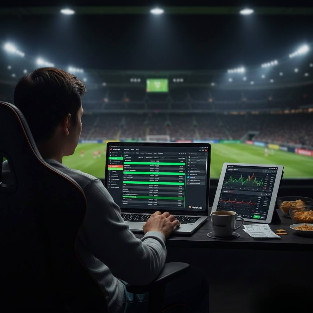 Pemain menganalisa taruhan handicap di Hokiku88 menggunakan laptop dan tablet, melihat statistik tim dan odds value untuk peluang menang