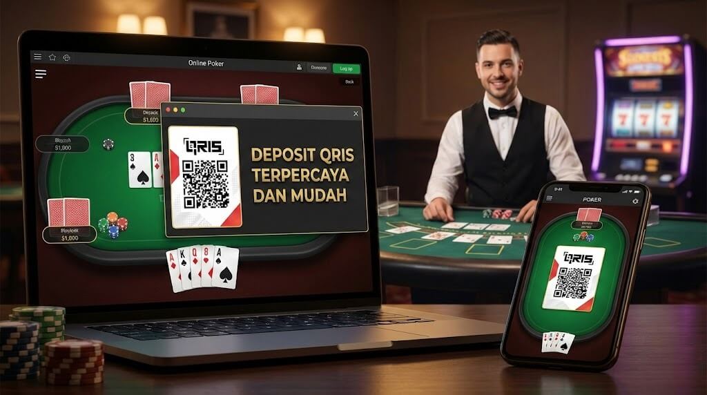 Ilustrasi situs poker online terpercaya dengan Dewiku88 Login, menampilkan deposit QRIS, poker, slot, dan live casino di layar komputer dan smartphone